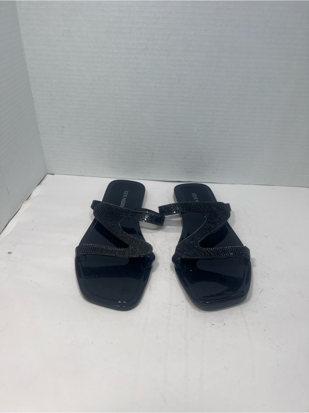 Steve Madden Black Rhinestone Cross-Strap Slide Sandals - Picture 2 of 5
